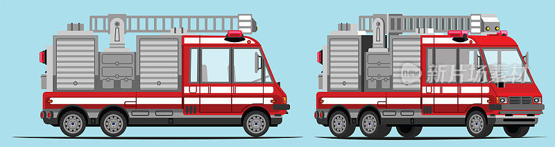 消防车，消防车，有侧视图和3/4视图